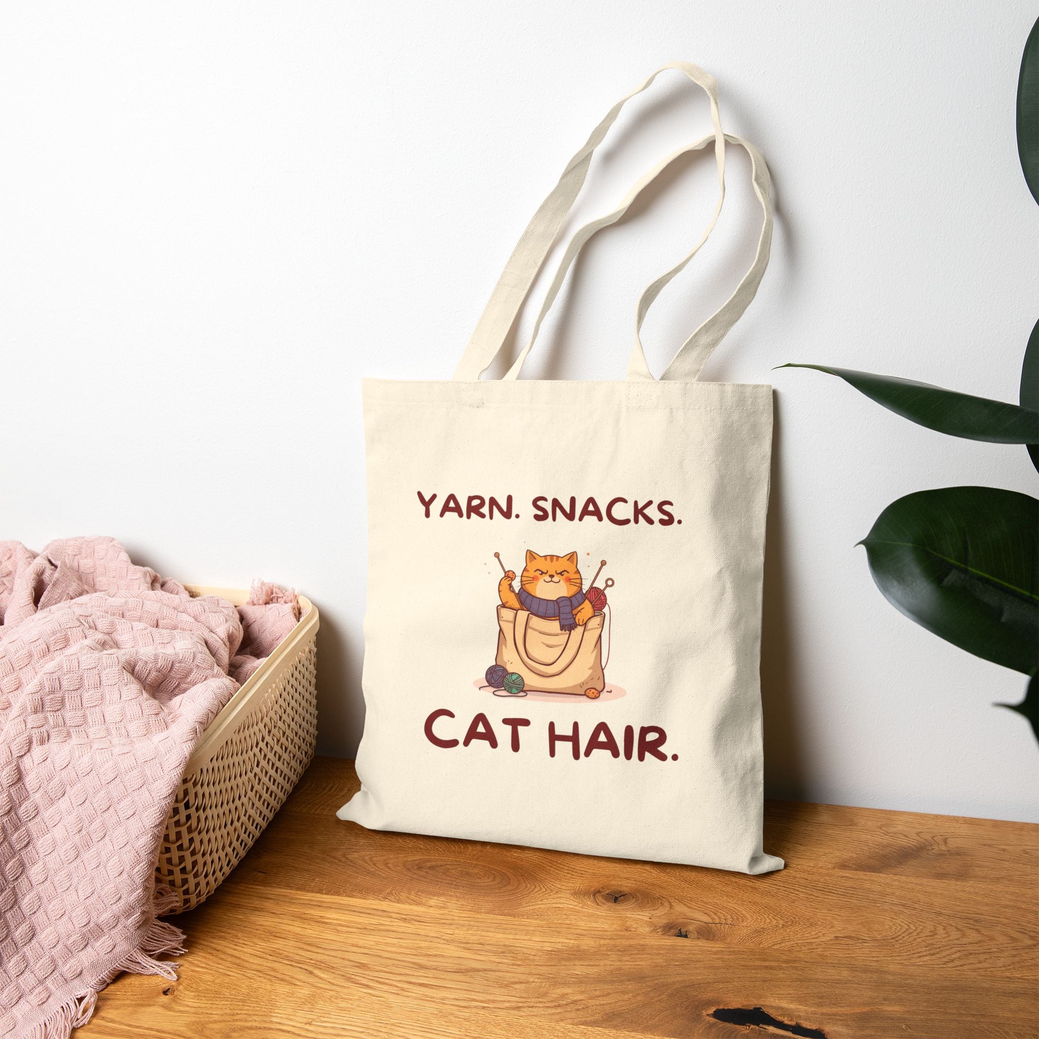 "Yarn. Snacks. Cat Hair." Cotton Canvas Tote Bag