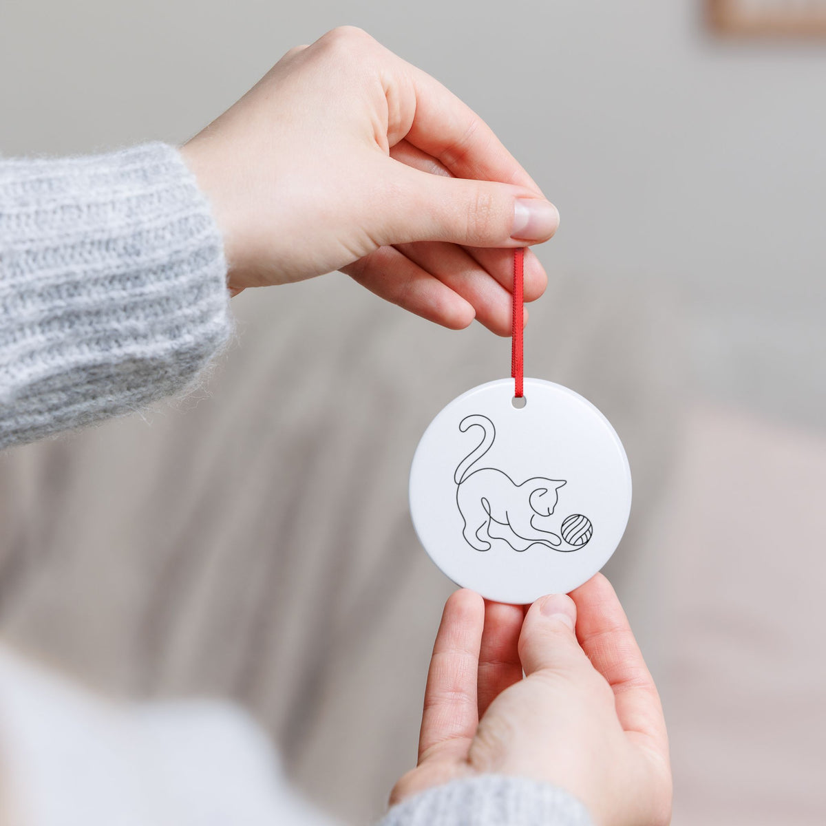 The Cat Got the Yarn – One Line Art Ceramic Ornament