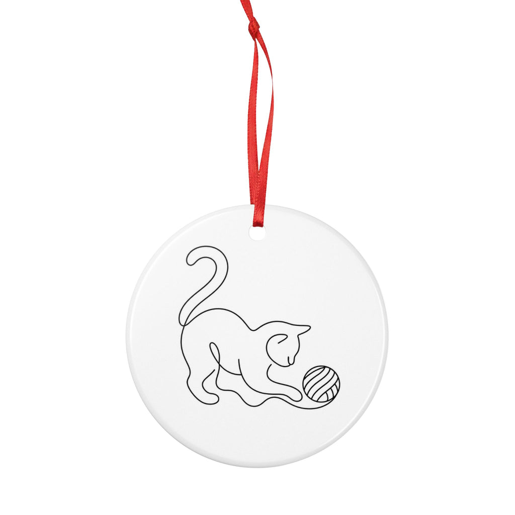 The Cat Got the Yarn – One Line Art Ceramic Ornament